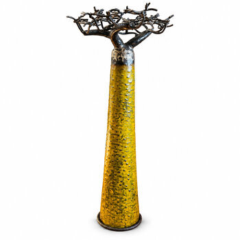 Yellow Recycled Metal Baobab Tree – Freestanding Sculpture, 60 cm Handmade Baobab Sculpture, 60 cm – Yellow Trunk and Metal Branches