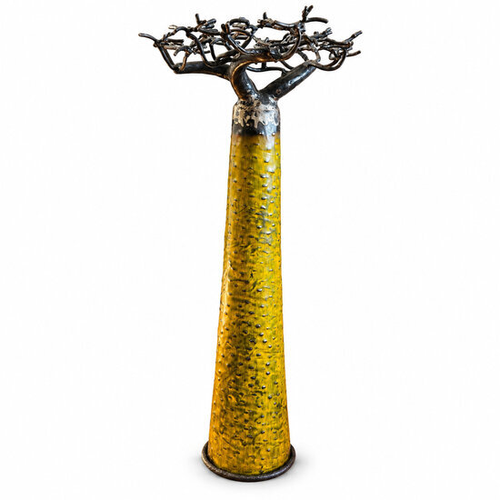 Yellow Recycled Metal Baobab Tree – Freestanding Sculpture, 60 cm Handmade Baobab Sculpture, 60 cm – Yellow Trunk and Metal Branches