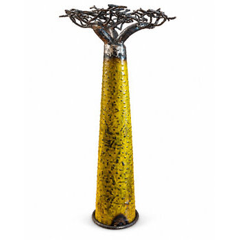 Yellow Recycled Metal Baobab Tree – Freestanding Sculpture, 60 cm Recycled Metal Tree Sculpture – Rear View of the Yellow Baobab
