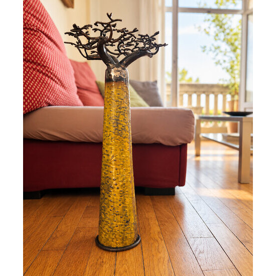 Yellow Recycled Metal Baobab Tree – Freestanding Sculpture, 60 cm Yellow Recycled Metal Baobab – Decorative Sculpture in a Living Room