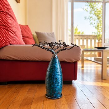 Blue Metal Tree Decor � Handmade Baobab in a Living Room