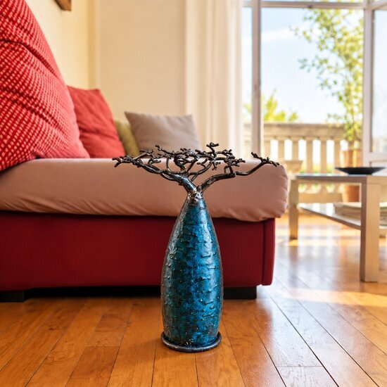 Blue Metal Tree Decor � Handmade Baobab in a Living Room