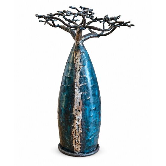 Handmade Baobab Sculpture � Recycled Metal with a Textured Blue Finish