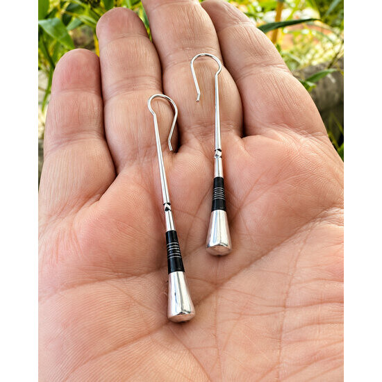 Tuareg Silver and Ebony Drop Earrings – Handmade, 6 cm Silver and Ebony Drop Earrings, 6 cm – Shown in Hand